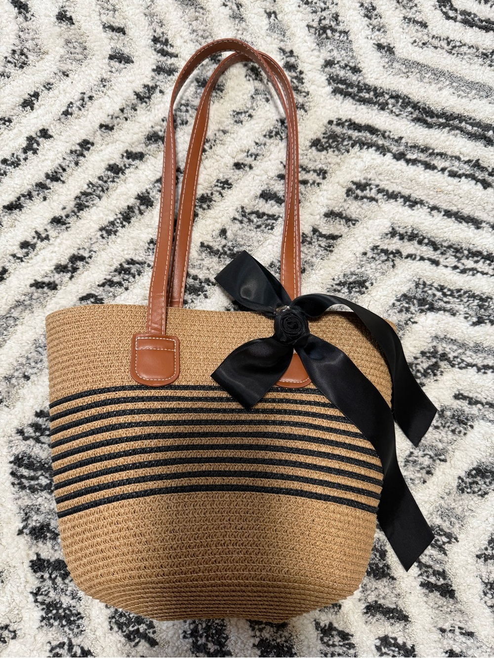 Woven Straw Tote Bag with Black Bow - like new